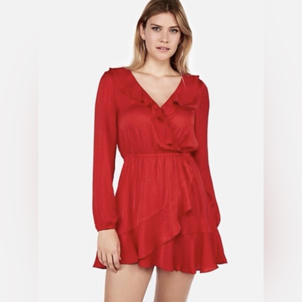 Express Red Ruffled Wrap Dress with Bishop Sleeves